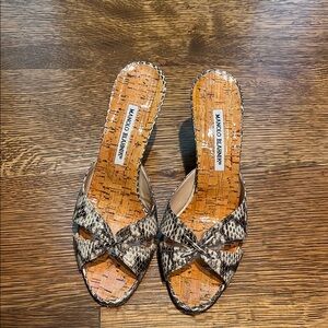 Manolo Blahnik Brown Tan Mules with Kitten Heel